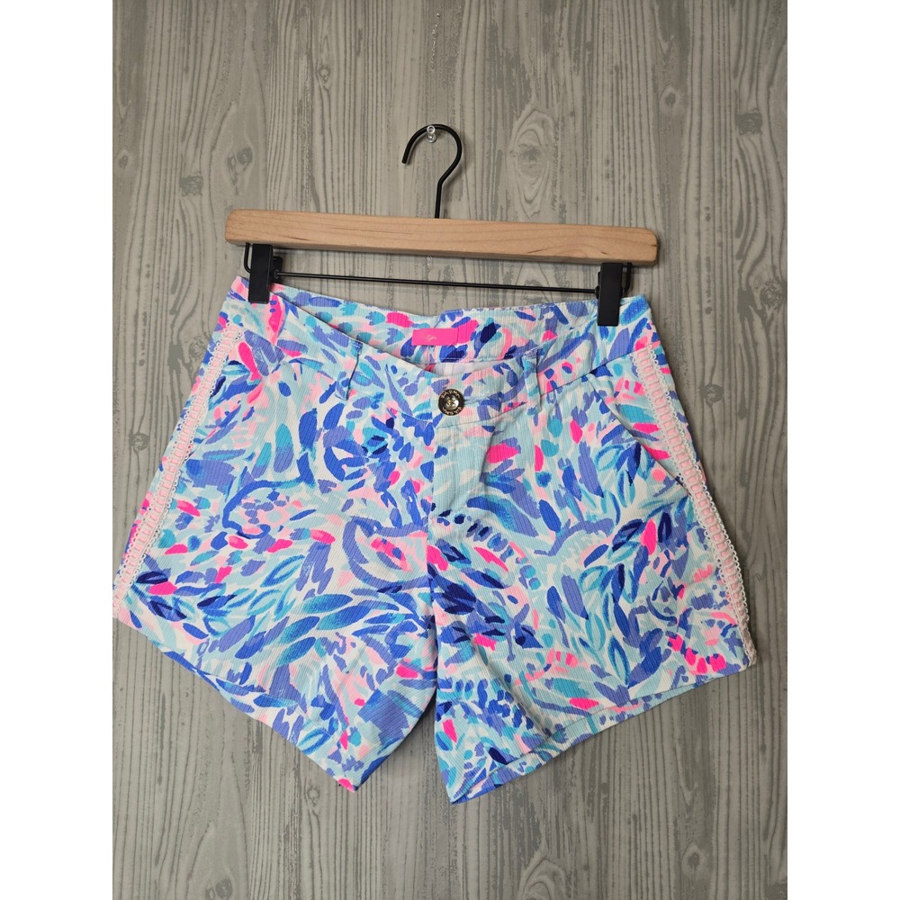 Lilly Pulitzer Callahan Shorts Womens 0 Blue Pink Floral Lace Trim Preppy Summer